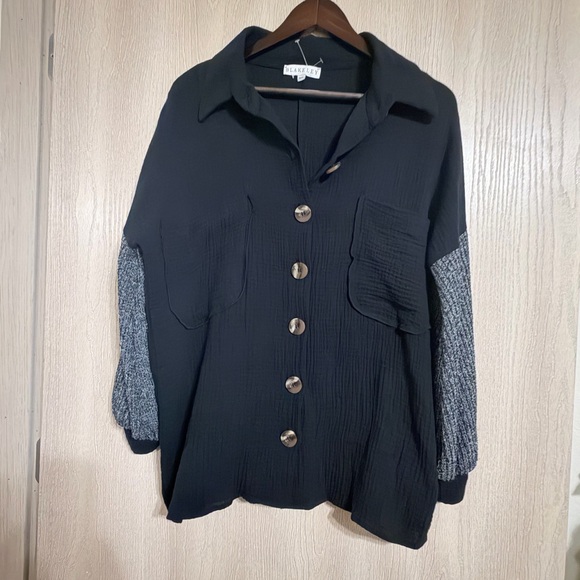 Blakeley Tops - Blakeley Black and Gray Sweater Sleeves  Button-Up Women's Top